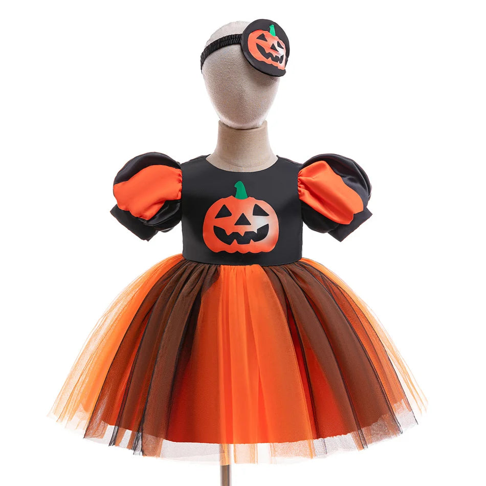 Kleinkind Halloween Kostüm Mädchen Cosplay Hexe Kürbis Skelett Druck Bowknot Kleid Kinder Festival Party Performance Kleidung