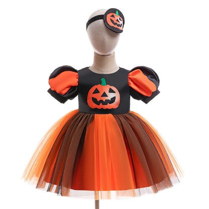 Kleinkind Halloween Kostüm Mädchen Cosplay Hexe Kürbis Skelett Druck Bowknot Kleid Kinder Festival Party Performance Kleidung