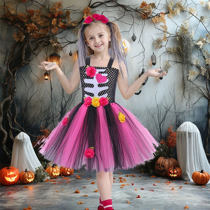 Halloween Kinder Kleid Cosplay Herz druck Skelett Kostüme Mädchen Blumen Schädel Tutu Kleidung Kinder Karneval Leistung Outfits