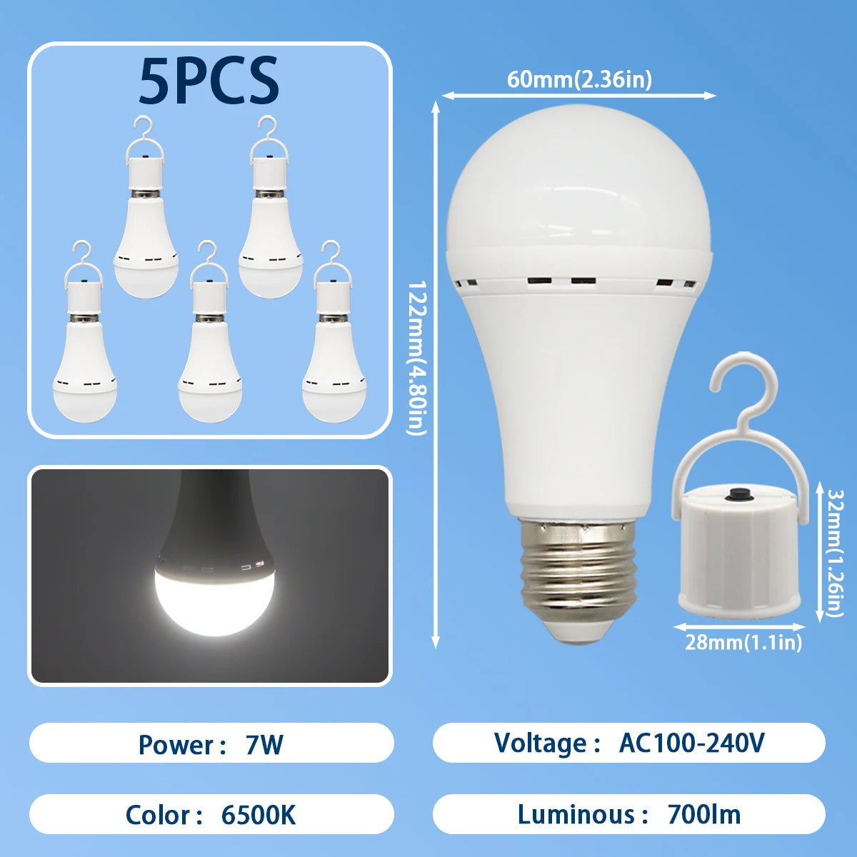 LED-Notfalllampe, wiederaufladbare Glühbirne, 7 W, E27, 110 V, 220 V, tragbar, zum Aufhängen, 3-Wege-Campinglampe, Zelt, Zuhause, Stromausfall, Veranda