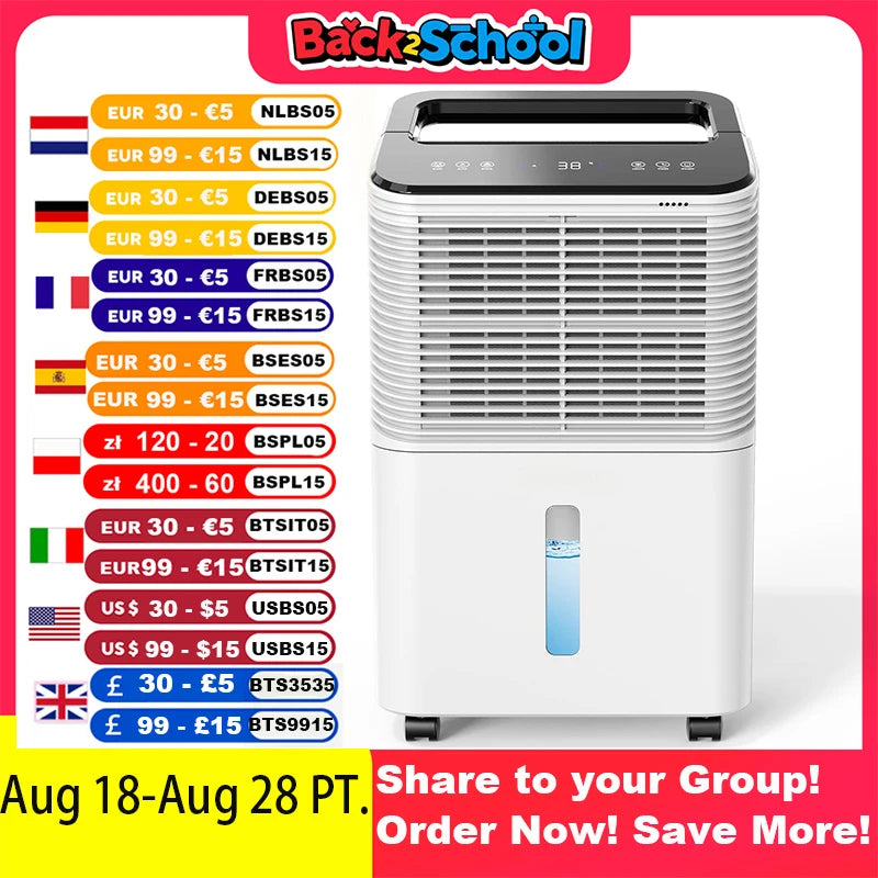 Dehumidifier for Bedroom 16 L/day, Ultra-quiet Electric Intelligent Central Control, Auto Mode, Moisture Display, 24h Timer Home.