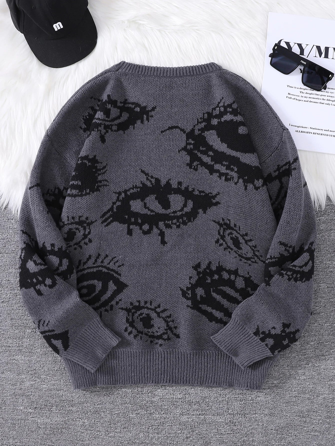 New Popular Autumn and Winter Abstract Eye Jacquard Pattern Pullover Sweater Casual Round Neck Knitted Men's Pullover.