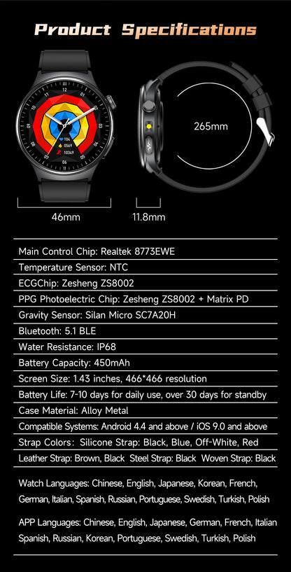 1.43'' HD Sapphire Smart Watch Bluetooth Call Blood Fat Uric Acid Heart Rate Body Analysis Five Organs Health Smartwatch Men Wom