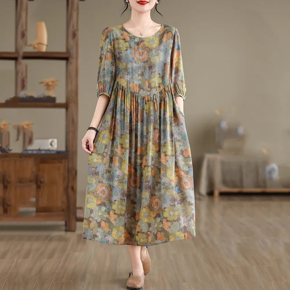Kurzarm übergroße Baumwolle Satin Vintage Blumen neu in Kleidern für Frauen lässig lose lange Sommerkleid elegante Kleidung.
