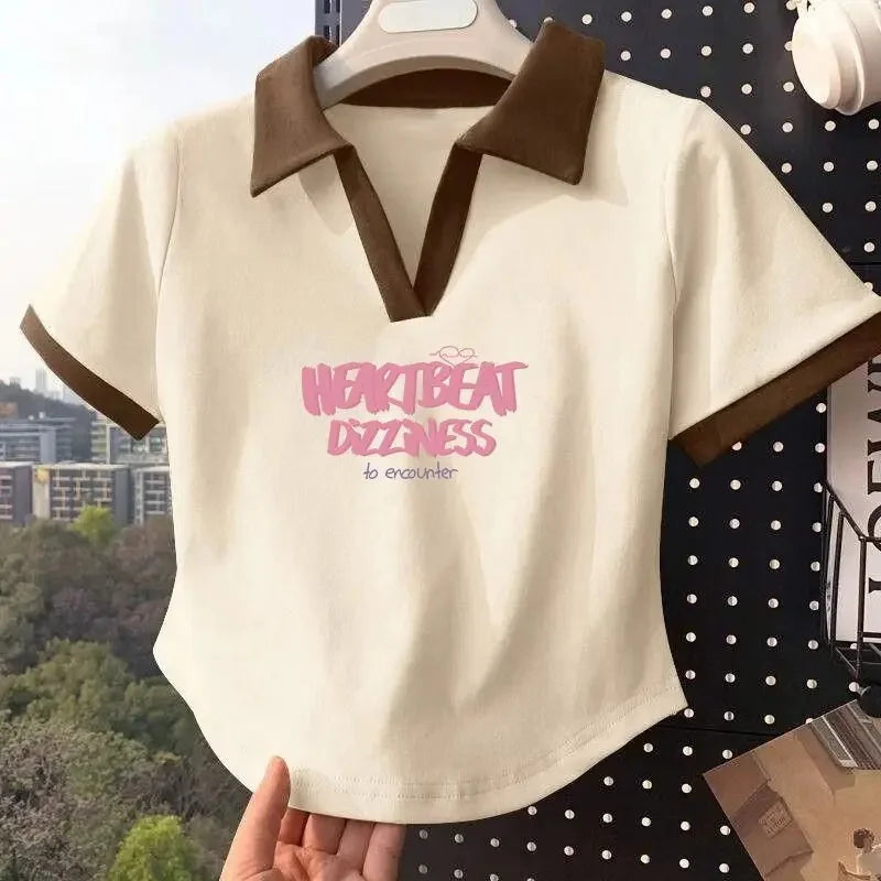 Color Block Polo Neck Short Sleeve T-Shirt Women's Fashion Summer Top plus Size Small Figure Friendly Cotton Blend T-Shirt.