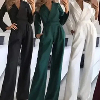 Women Jumpsuits Long Sleeve V Neck Rompers Overalls One Piece Wide Leg Pants Slight Strech Office Lady Solid New Chinese.