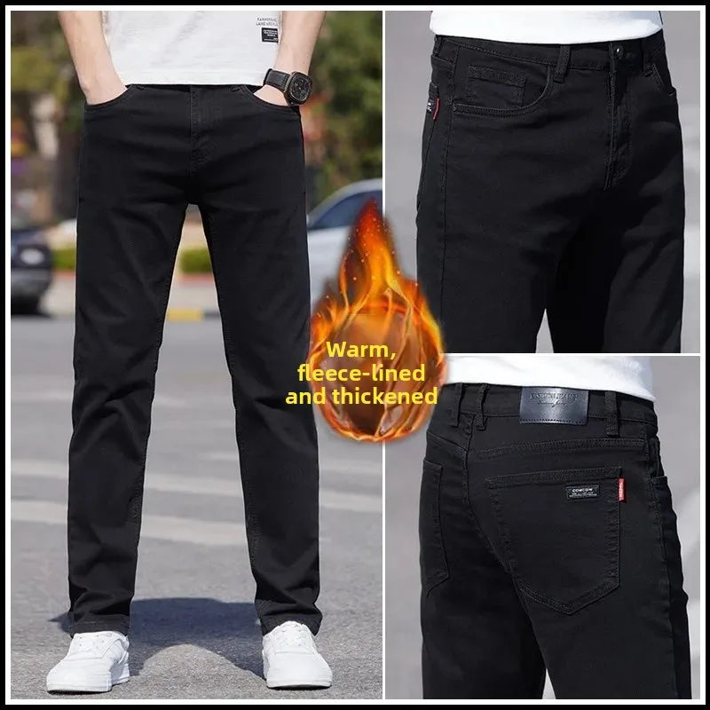 Men's Black Straight Leg Jeans Casual Elastic Business Pants High Waist Slim Fit Long Trousers New 2025 Gray Color