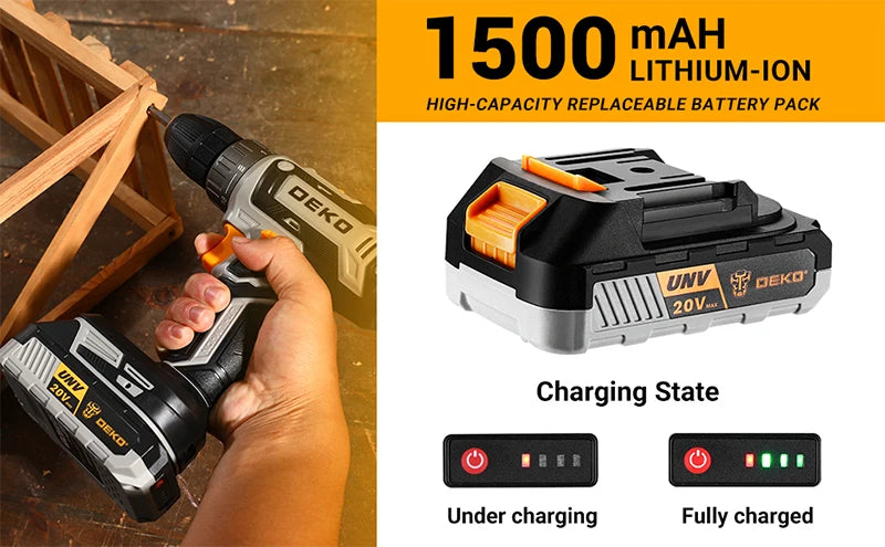 Die 20-V-Akku-Bohrmaschine von DEKO verfügt über zwei Wechselgeschwindigkeiten. 18+1 Drehmomentschraubendreher. 29-teiliges Bohrset mit 1,5-Ah-Akku und Ladegerät