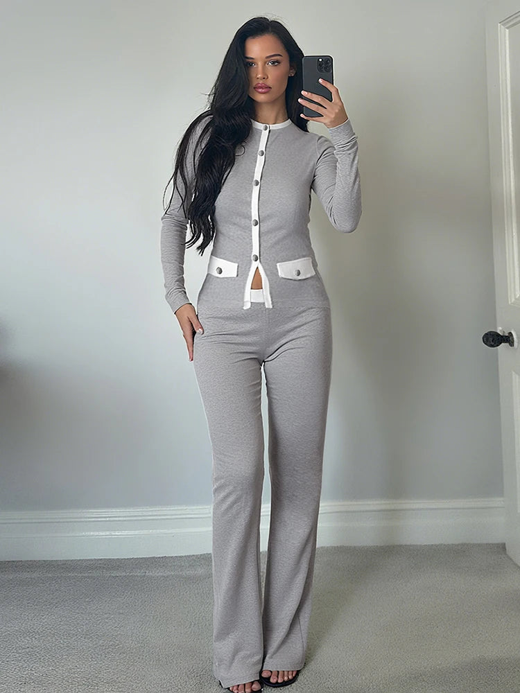 Sisterlinda Classic Street 2 Piece Set Autumn Daily Panelled Trim Full Sleeve Single Breasted Tops+Slim Pants Female Casual Suit