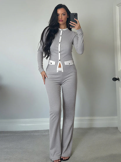 Sisterlinda Classic Street 2 Piece Set Autumn Daily Panelled Trim Full Sleeve Single Breasted Tops+Slim Pants Female Casual Suit