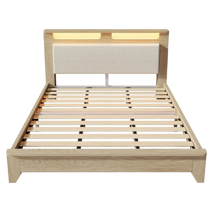 KOMHTOM Holzbett, Kopfteil mit Stauraum, LED-Beleuchtung und beigefarbener Cordpolster-Rückenlehne (Ohne Matratze)