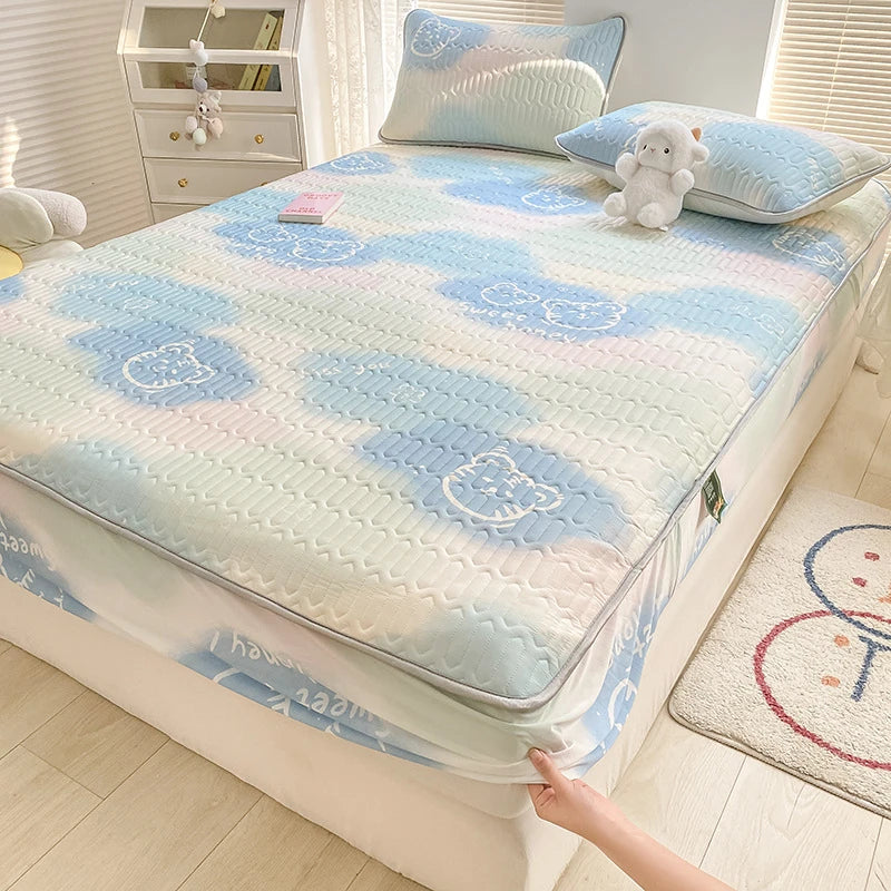 High Quilt Thicken Latex Cooling Mattress Cover Summer Cool Down Soft Bed Mat and Pillowcase Machine Washable Cold Feel Bed Pad