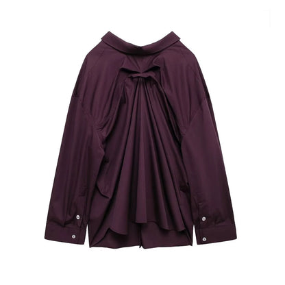 Oversized Pleated Back Shirts for Women, Long Sleeve, Button-up, Female Blouses, Chic Tops, Fashion.