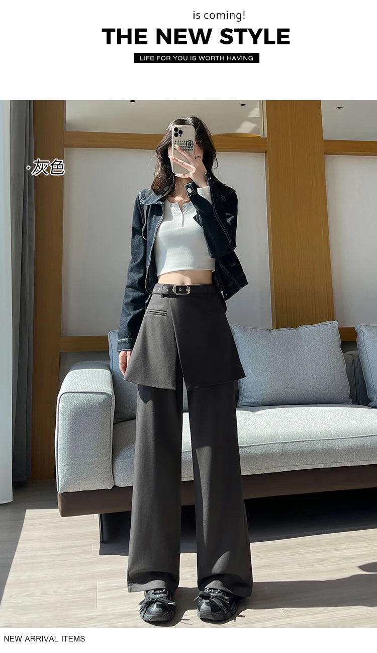 Design Style Fake Two-piece Curtain Suit Pants Women Fall High Waisted Wide Leg Trouser Office Ladies High Quality Straight Pant.