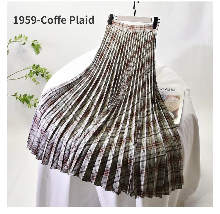 Looks Thin Pleated Skirt 2025 New High Waist A-line Skirt Mid-length Big Size Plaid Skirt Long Pleated Skirt Length 75-90cm