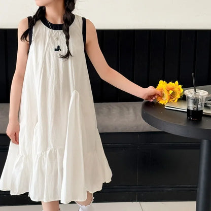 Neues Sommer-Mädchen-Prinzessinnenkleid für Kinder, ärmelloses Kleid mit Rüschen, Design-Kleider für Teenager, Kinder, lässiges Urlaubs-Strandkleid