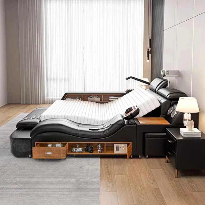Nordic Multifunktions Doppelbett Seite Von Seite Leder Luxus Kingsize Bett Rahmen Plattform Holz Design Lit Schlafzimmer Set Möbel