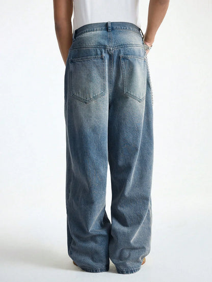 1Pc Men's Wide Pants Brushed Jeans Wide Jeans Y2K New Rocks Jeans Buggy Black Hip-Hop Pants.
