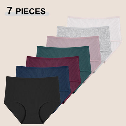 7Pcs Women's Cotton Panties Solid Color Plus Size Briefs Female Mid Waist High Elastic Underwear Cozy Breathable Lingerie S-2XL