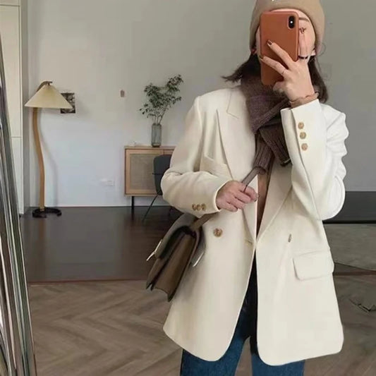 Koreanische Weiß Anzug Mantel Frauen Elegante Langarm Revers Blazer für Frau Herbst Winter Einzigen Taste Einfarbig Business Jacke