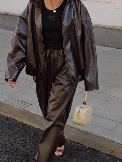 Stylish Leather Solid Jacket Pants Set Women Stand Collar Zipper Coat Loose Trousers Sets Female 2025 Autumn Fashion Streetwears