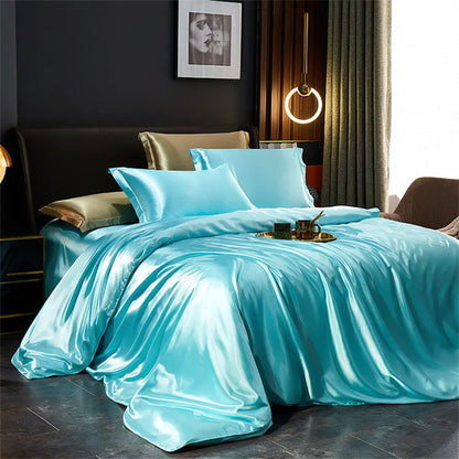 Solid Silk Bedding Set with Duvet Cover Bed Sheet Pillowcases Luxury Satin Single Double Bedsheet King Queen Twin Size.