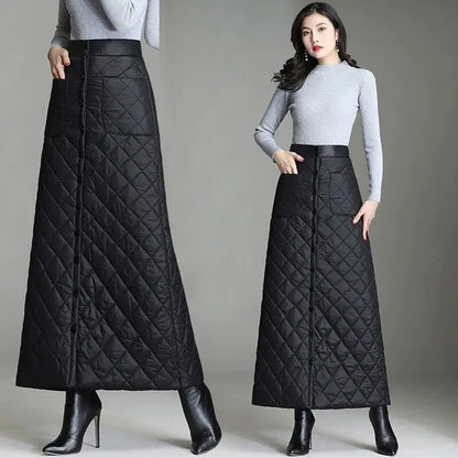Women Winter Skirt Windproof Warm Down Cotton Skirt High Waist Quilted Cotton Padded Skirts Office Lady Elegant Skirt.
