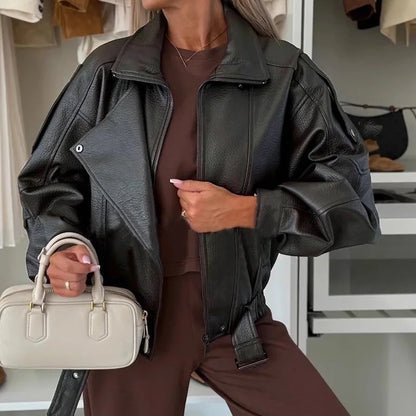 Mode Straße Einfarbig Oberbekleidung Kleidung Vintage Büro Lange Ärmeln Frauen Jacke Neue 2025, Herbst Revers Zipper Leder Mantel