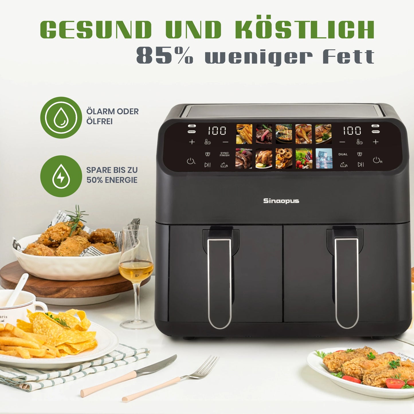 10L Multi Function Dual Basket air fryers Smart machine Viewing Window Electric Hot fryer Oilless Cooker with LED Touch Control.
