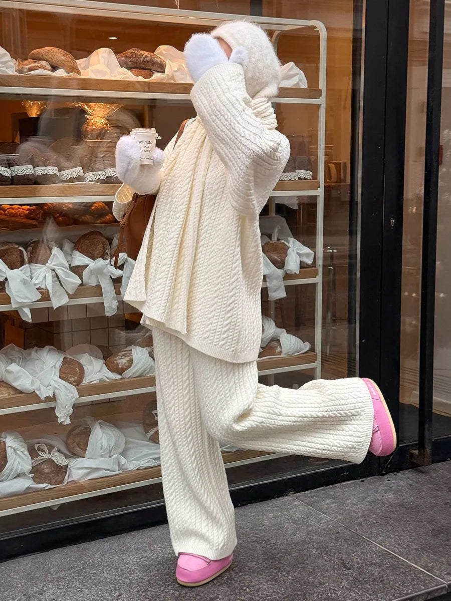 Bornladies Herbst Winter Mode frauen Neue Zopfmuster Pullover Breite Bein Hosen Set Weiche Wolle Mischung Lose Fit High Neck Pullover