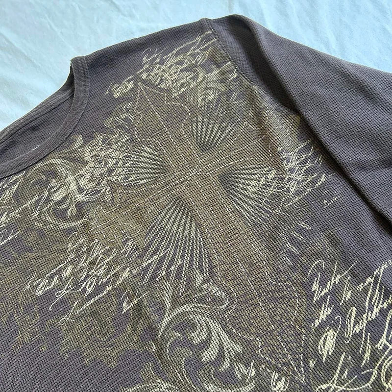 2000s Aesthetic Mall Goth Tees Y2K Cyber Grunge Emo Cross Print T-shirt 90s Vintage Women Autumn Long Sleeve Pullovers Tops.