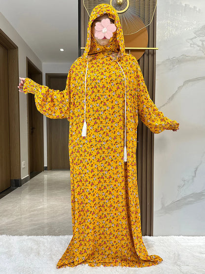 New Ramadan Muslim Two Hats Abaya Dubai Turkey Islam Prayer Clothes Floral Cotton Long Dress Islam Women Dress Kaftan.