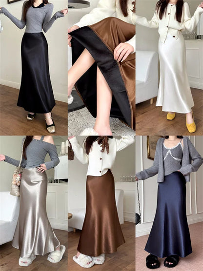 High Waist Women's Fleece-Lined Thickened Elegant Long Skirt Satin Mermaid Skirt Elegant Drapey Bodycon Skirt For Autumn Winter.