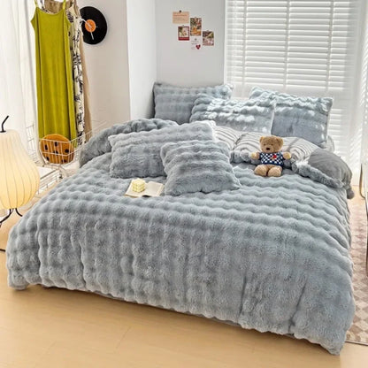 2024 new solid color colorful rabbit wool four-piece set, one side of rabbit fur and one side of milk wool thickened warm