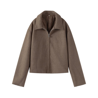 Mode Braun Zipper Woolen Jacke Für Frauen Elegante Revers Langarm Kurze Mäntel Weibliche Vintage Herbst Dame Straße Oberbekleidung