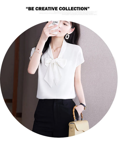 Bow Tie Blouse Shirt for Women OL Elegant Blouses Satin Womens Tops Silk Female Clothing 2023 Korean Fashion Short Sleeve Blouse.