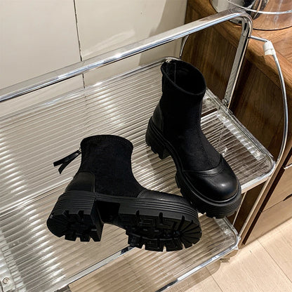 Vintage Platform Splicing Woman Ankle Boots Design Back Zippers Thick Sole Shoes  2025 Autumn Winter Short Botas Para Mujer.