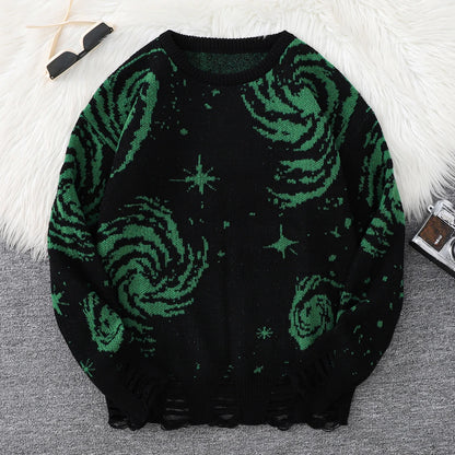 New Popular Street Ripped Abstract Starry Sky Pattern Pullover Ripped Sweater Casual Round Neck Knitted Men's Pullover