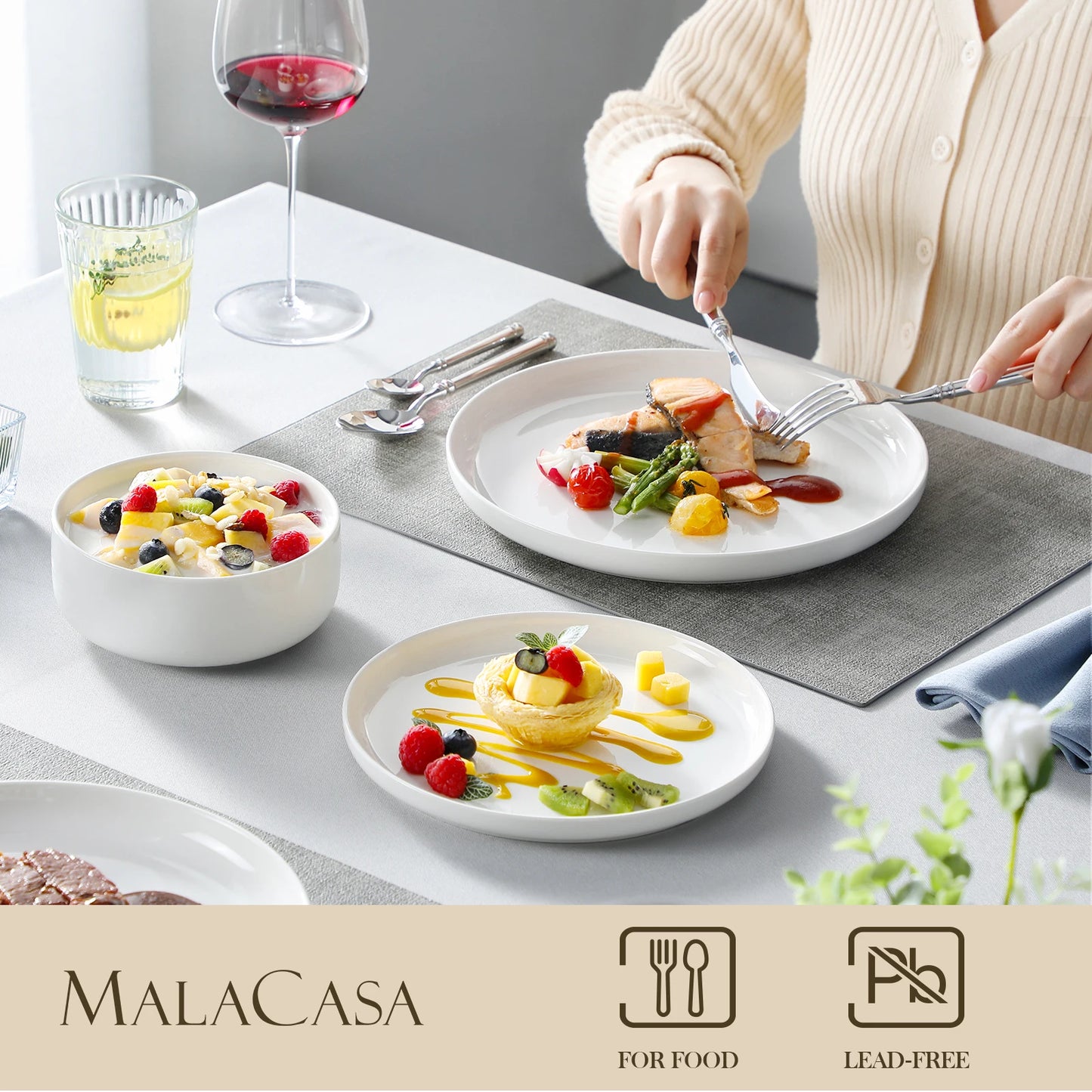 MALACASA 18/36-Piece Ceramic Plate Porcelain Dinnerware Set with 6/12 Pcs Dinner/Dessert Plates,Bowl Tableware Set for 6/12.