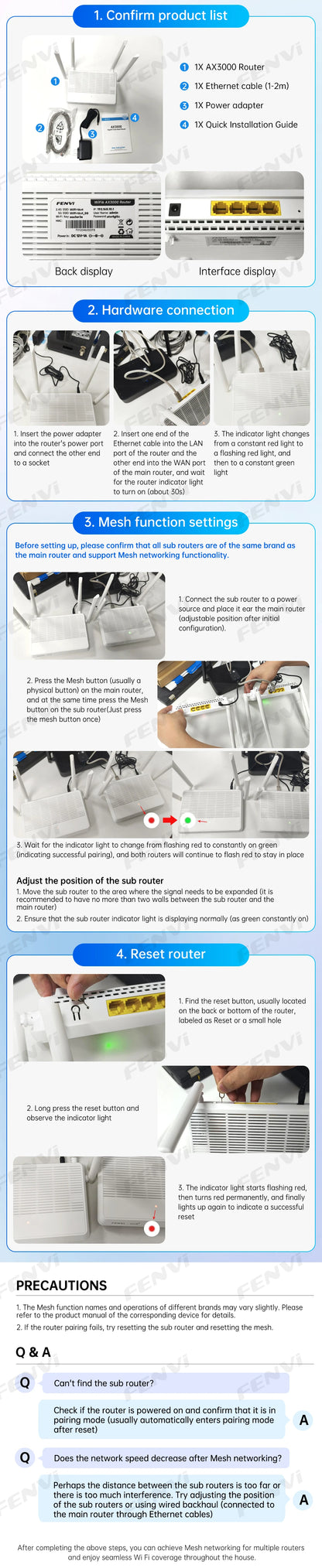 FENVI AX3000 WiFi 6 Mesh WIFI Gigabit Router 2.4G/5GHz Dual-Band 802.11AX Wireless Signal Amplifier WiFi Repeater WPA3 5G Router.