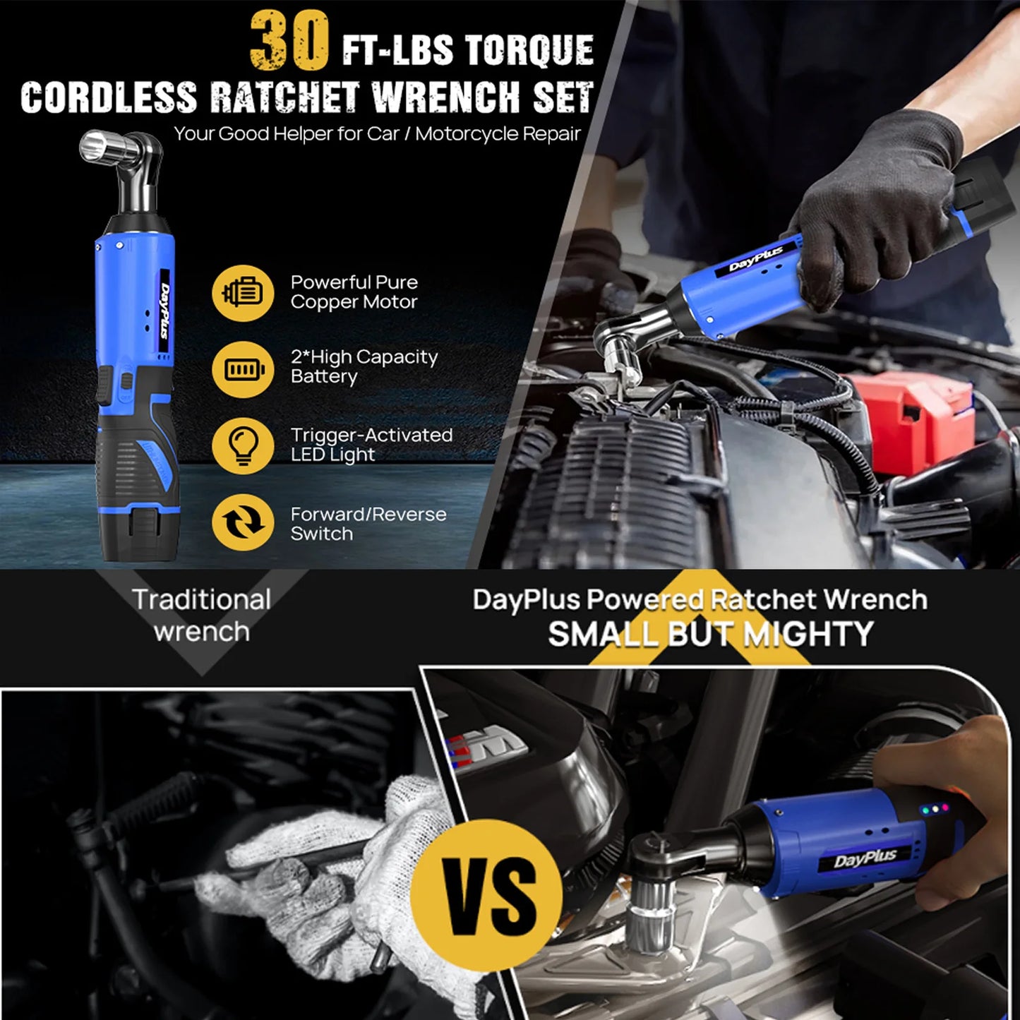 DayPlus 3/8 Zoll kabelloser elektrischer Ratschenschlüssel, 12 V Power-Ratschengerät 200 NM mit 2 x 1500 mAh-Batterien 90 °   Winkelschlüssel, 7 Steckdosen