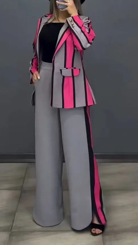 Women Striped Print Suits+pants Two Piece Sets Autumn Winter Casual Wide Leg Pants Sets Office Ladies Elegant Coats Outfits.