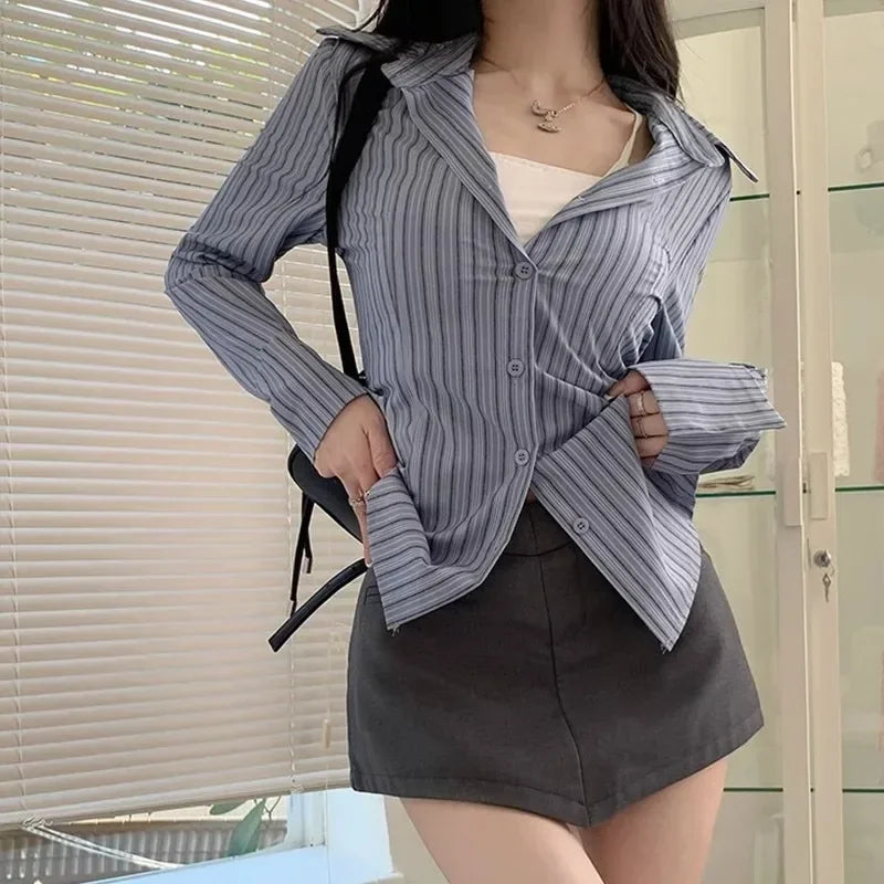 Korean Blue Striped Long Sleeve Shirt Jacket Women's Spring Design Waist Cinching Slimming Top Women Clothing.