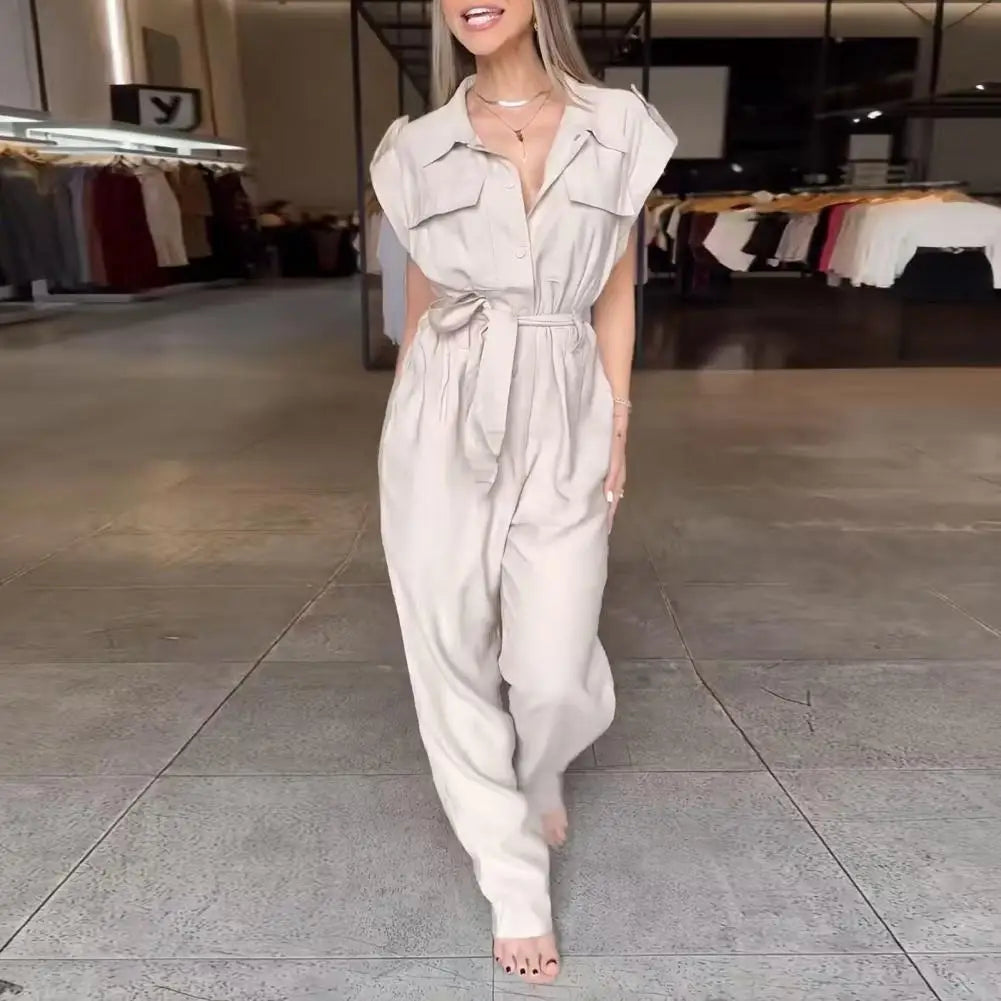 Elegant Women Jumpsuit Lapel Sleeveless Belt Design Romper with Pockets Solid Color Wide Leg Pants Versatile Jumpsuit.