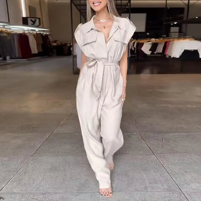 Elegant Women Jumpsuit Lapel Sleeveless Belt Design Romper with Pockets Solid Color Wide Leg Pants Versatile Jumpsuit.