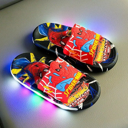 Disney Spider-Man Children's Slippers Non-slip Cartoon Light Soft Soled Slippers For Boys LED Light Luminous Children's Summer S.
