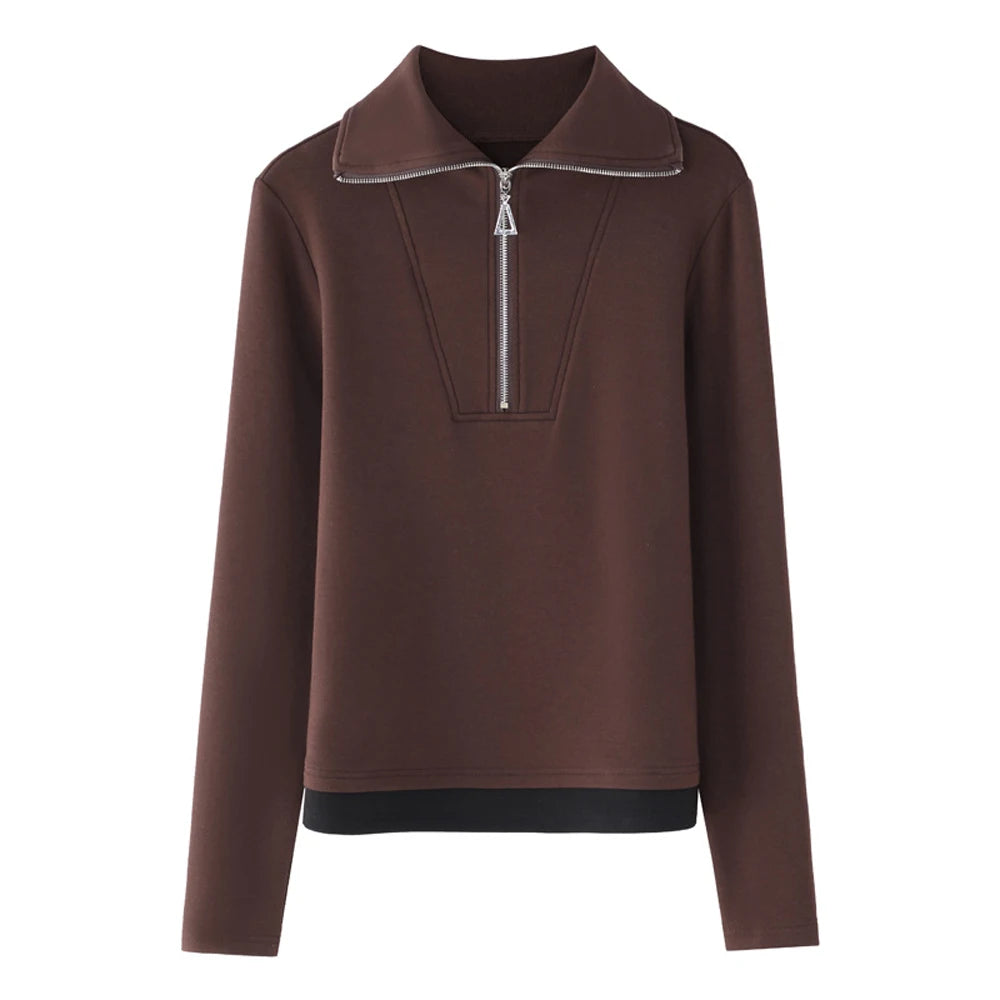 Fake two long sleeved T-shirts for women in autumn and winter, new fashionable plus size color blocked warm zipper lapel top.