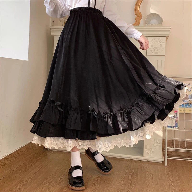 Fashion Sweet Midi Skirt Women Lace Patchwork Bow Preppy Fall Loose Casual Skirts Japanses Ruffle High Waist Solid Chic Skirt.