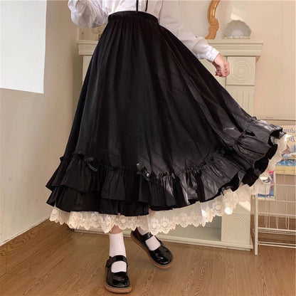 Fashion Sweet Midi Skirt Women Lace Patchwork Bow Preppy Fall Loose Casual Skirts Japanses Ruffle High Waist Solid Chic Skirt.
