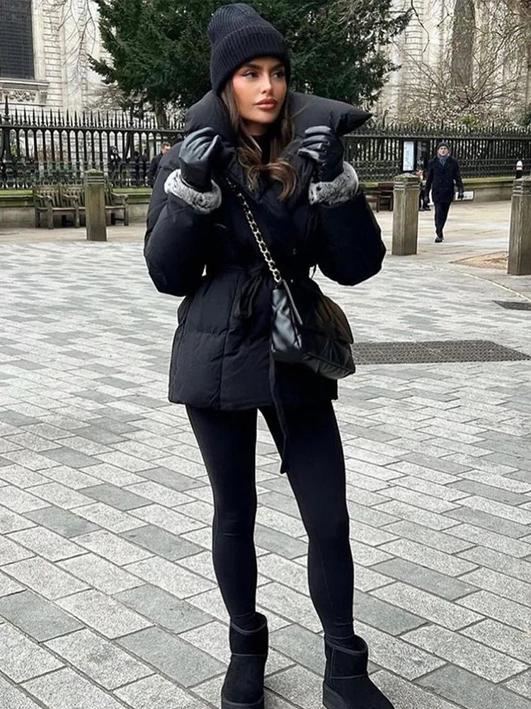 Fashion Lace Up Baumwolle Mantel Frauen Feste Revers Casual Langarm Tasche Lose Warme Kurze Mäntel Dame Winter Neue Straße Oberbekleidung